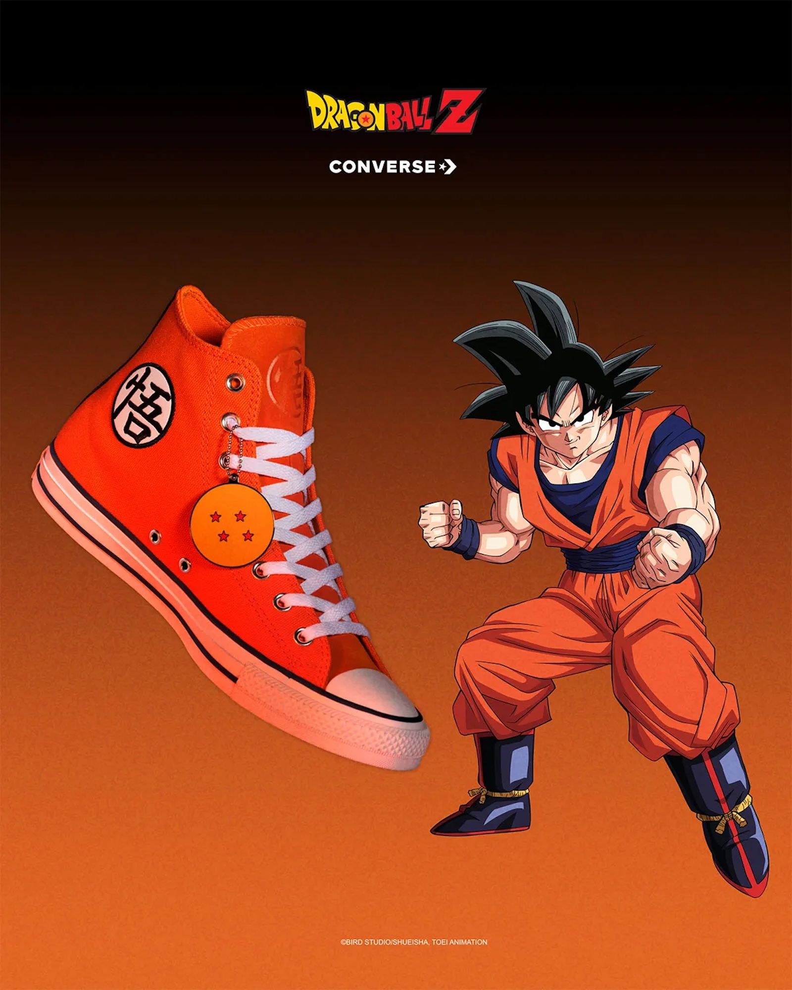 A Converse shoe featuring the Dragon Ball Z logo, alongside an illustration of the character Goku in his iconic orange martial arts uniform, posed in a fighting stance.