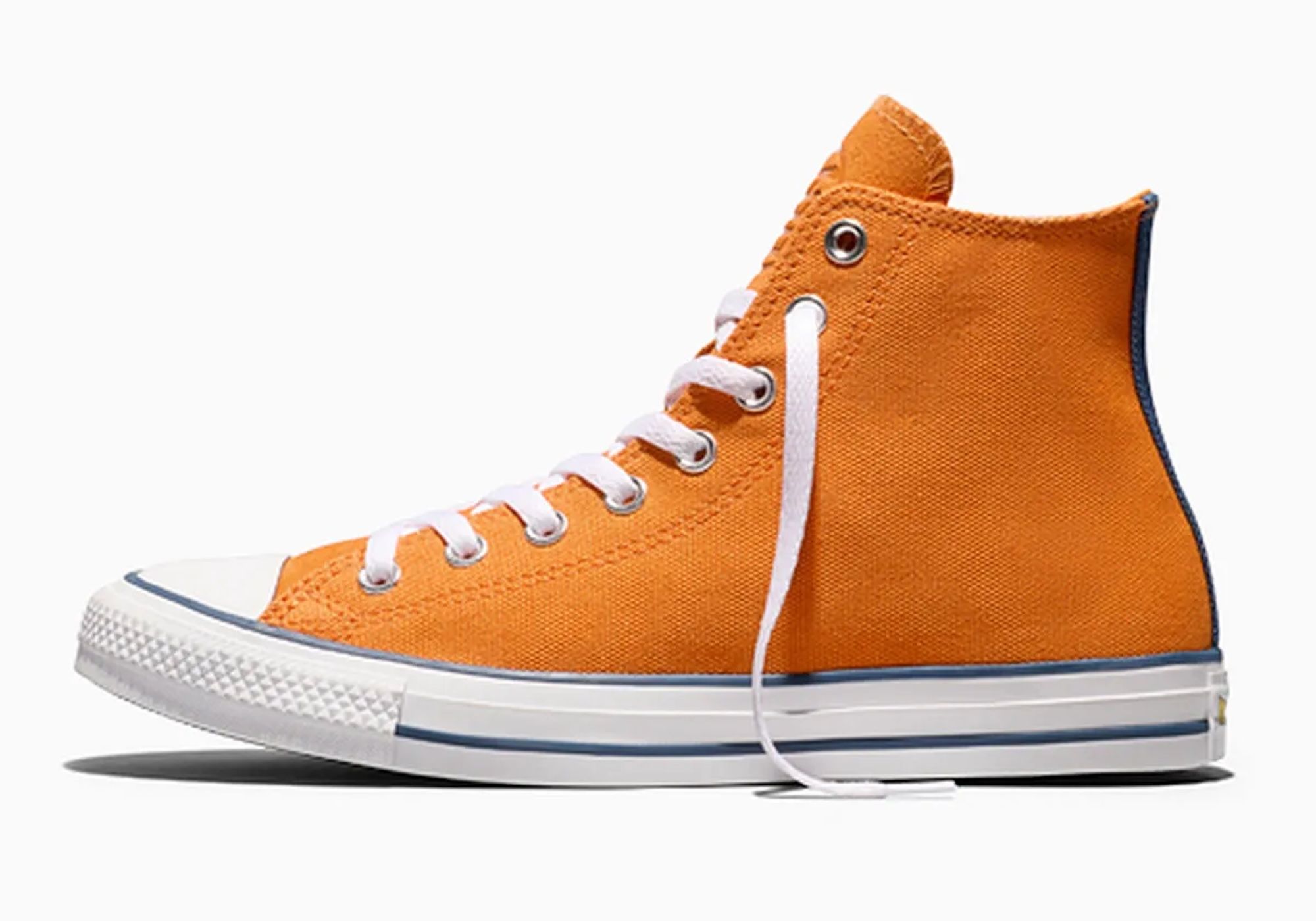 Orange high-top sneaker with white laces and soles