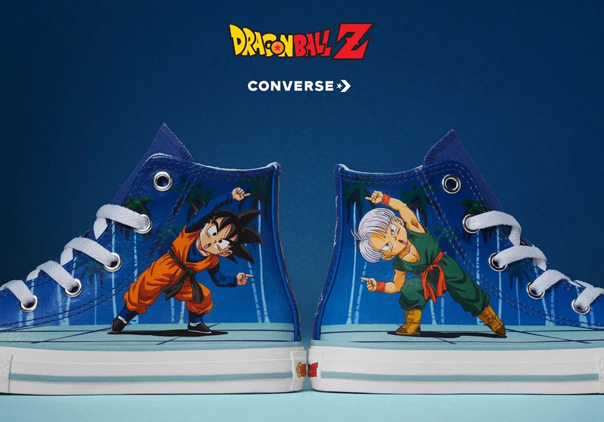 A pair of Converse sneakers featuring characters from the anime series Dragon Ball Z - Goku in an orange outfit and Trunks in a green outfit, set against a blue background.