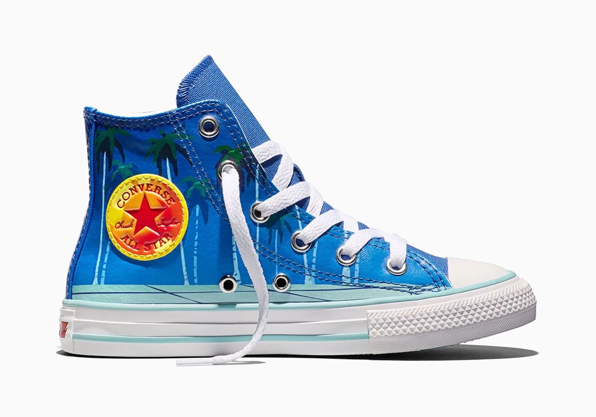 A blue and green Converse All Star high-top sneaker with a red star logo on the side.