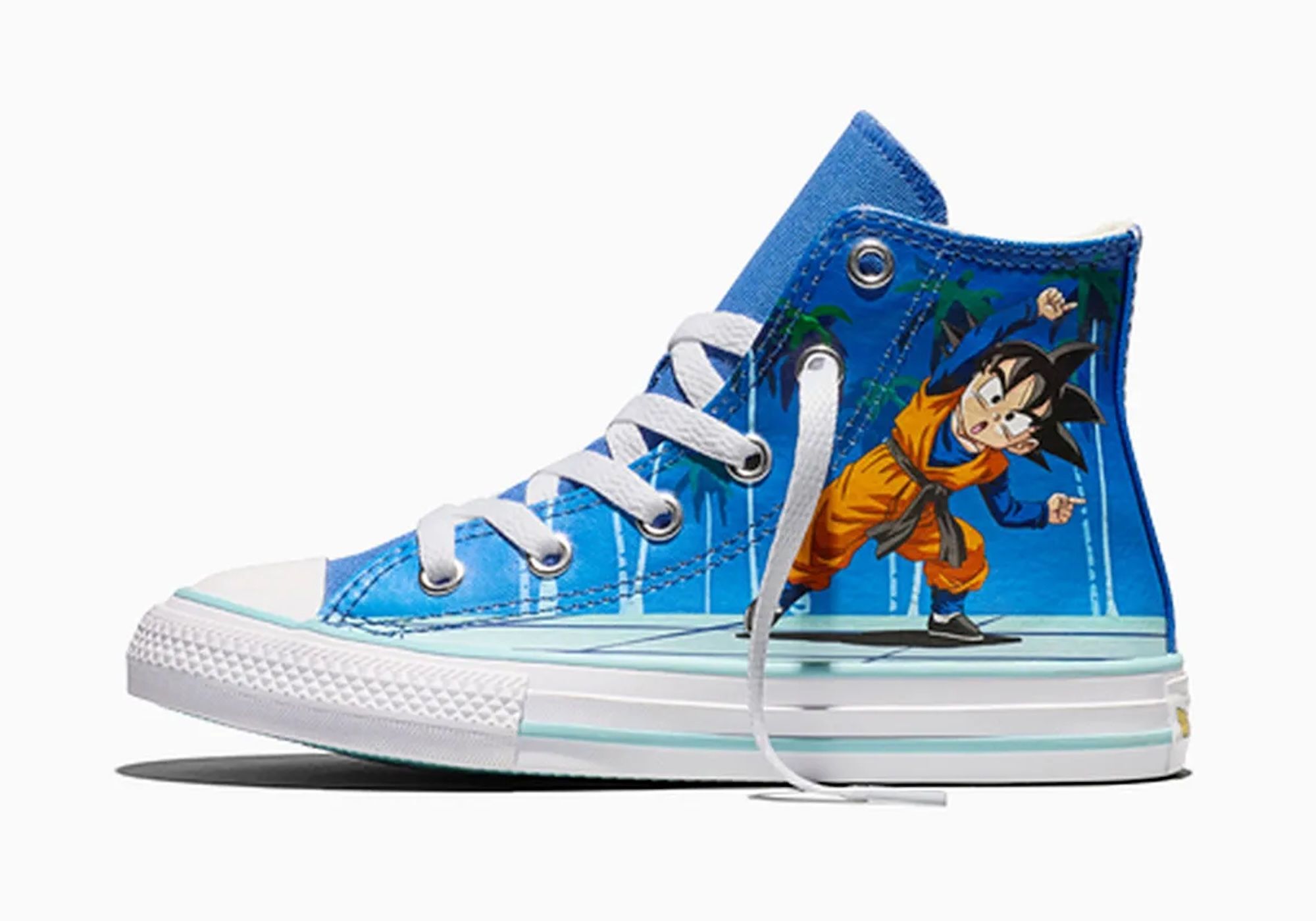 A blue high-top sneaker featuring an illustration of the anime character Goku from the Dragon Ball series.