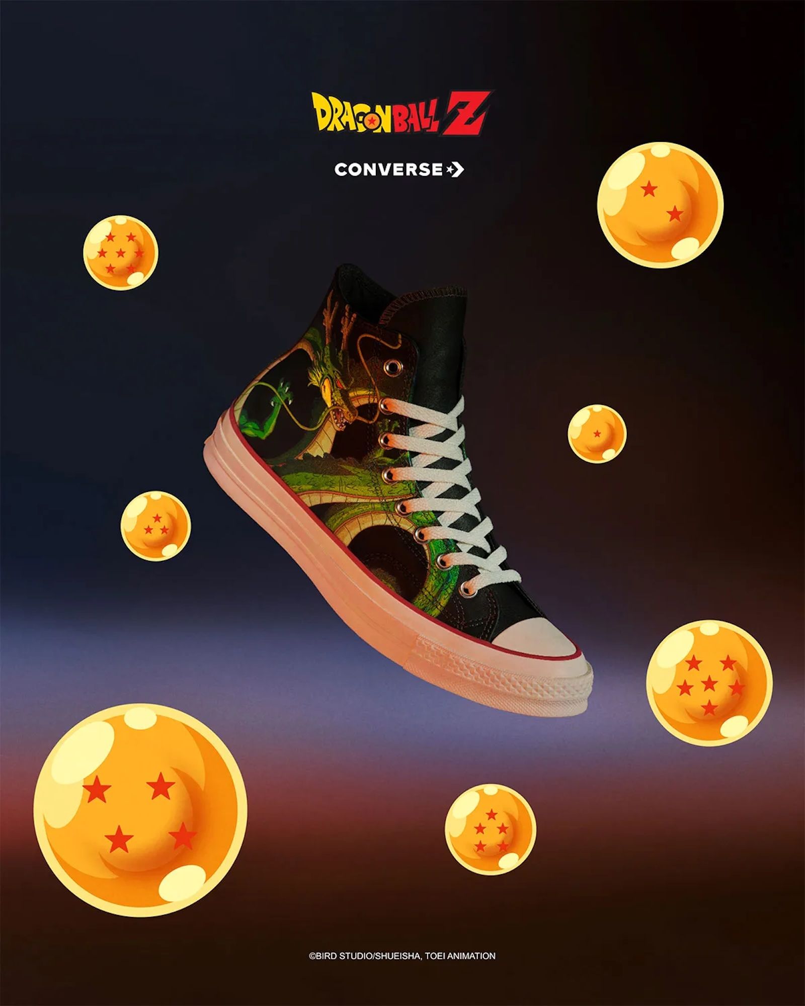 A Converse shoe featuring the Dragon Ball Z logo and 4 glowing Dragon Balls floating around it against a dark background.