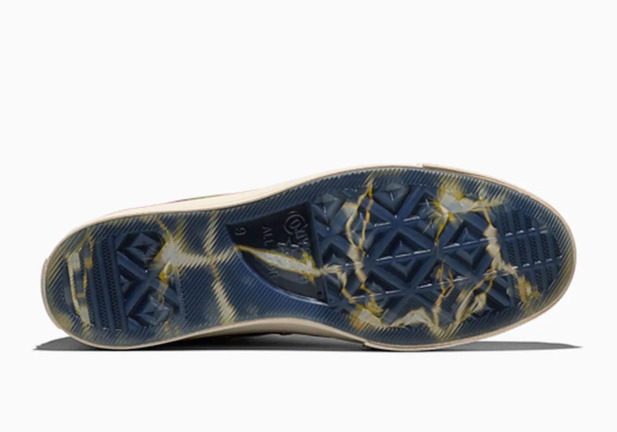 Closeup of a patterned sole with a star-like design in navy blue and gold tones.
