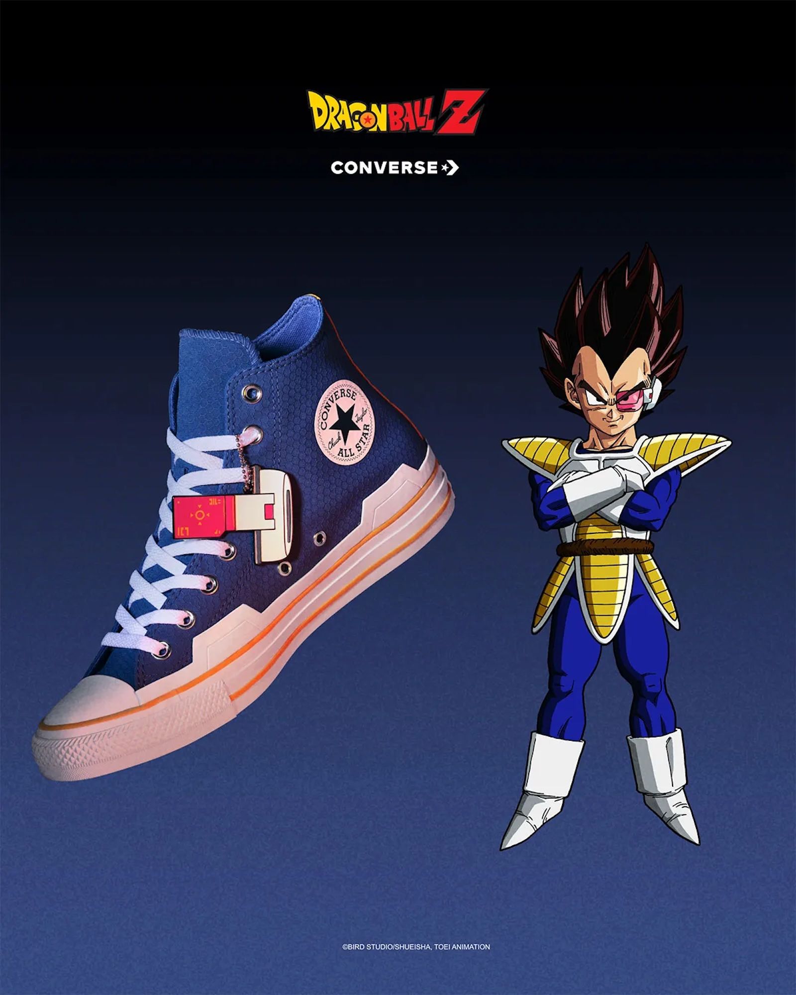 A Converse shoe featuring the Dragon Ball Z logo, alongside an illustration of the character Vegeta in his Super Saiyan form.