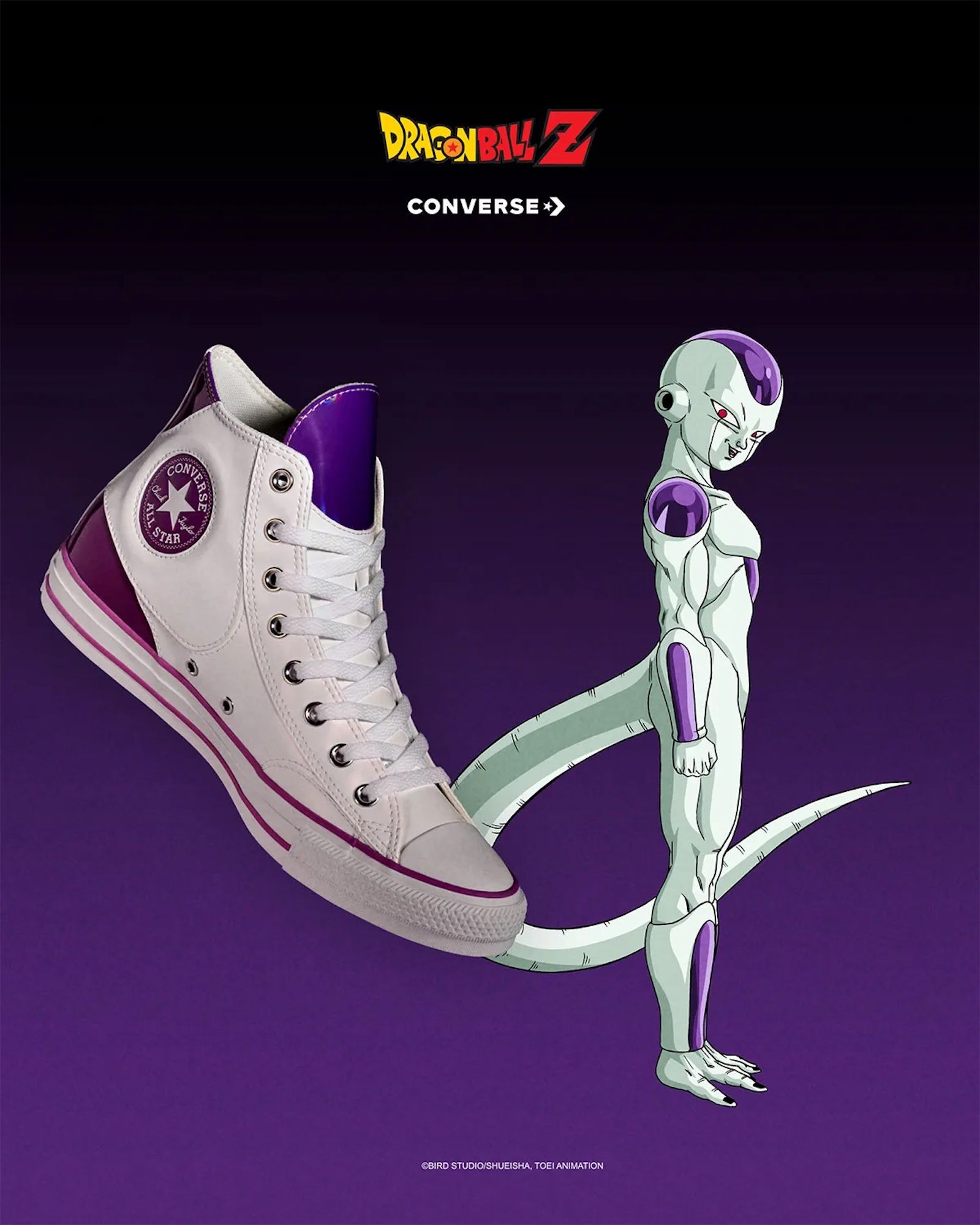 A white Converse sneaker and a purple-and-white Dragon Ball Z character standing next to it against a dark background.