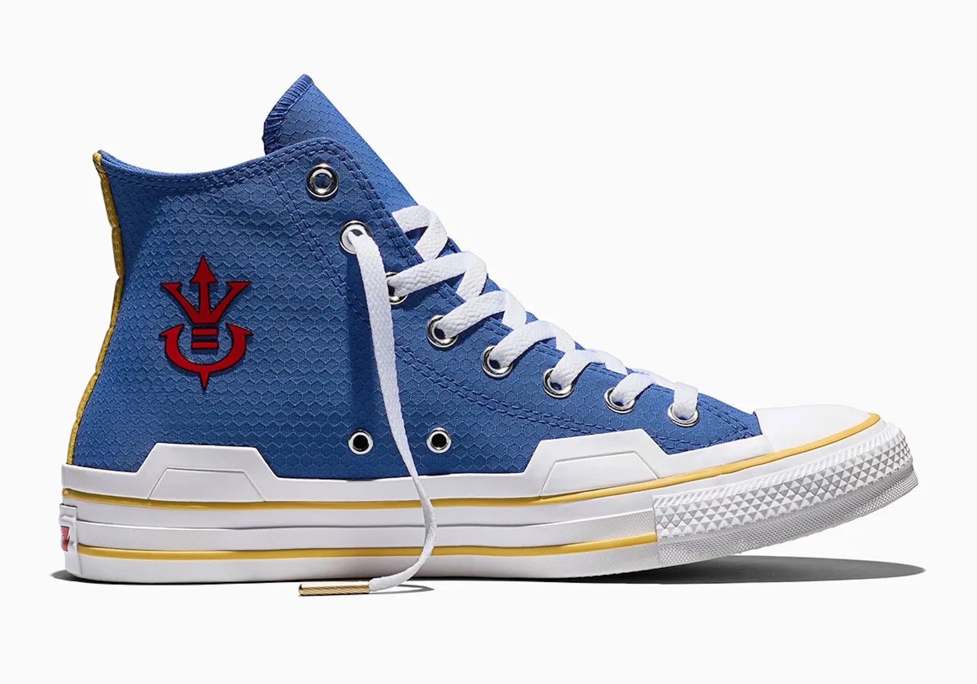 Blue high-top sneaker with red and yellow accents, featuring a stylized "U" logo.