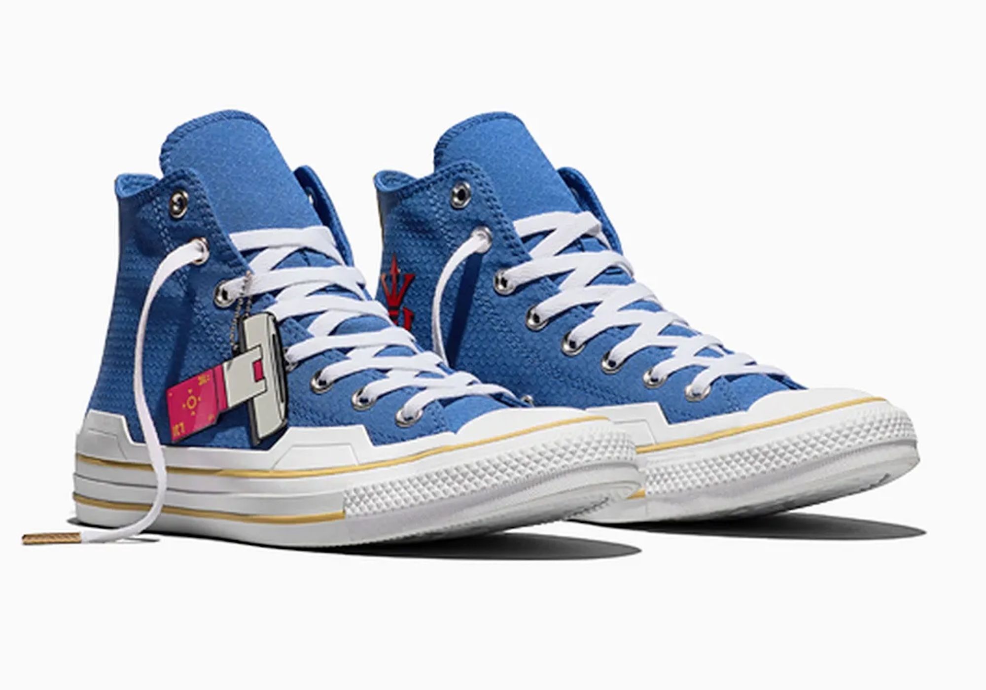 A pair of blue high-top sneakers with white laces and soles, featuring a red and white logo on the side.
