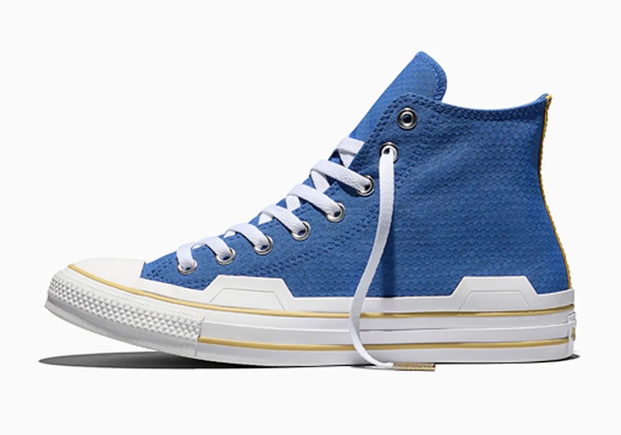 Blue high-top sneaker with white sole and laces
