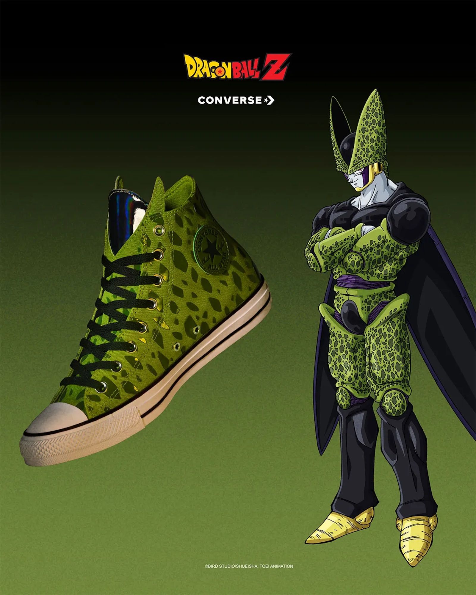 A green and black Converse sneaker with a Dragon Ball Z design, alongside a character from the series in a similar color scheme.