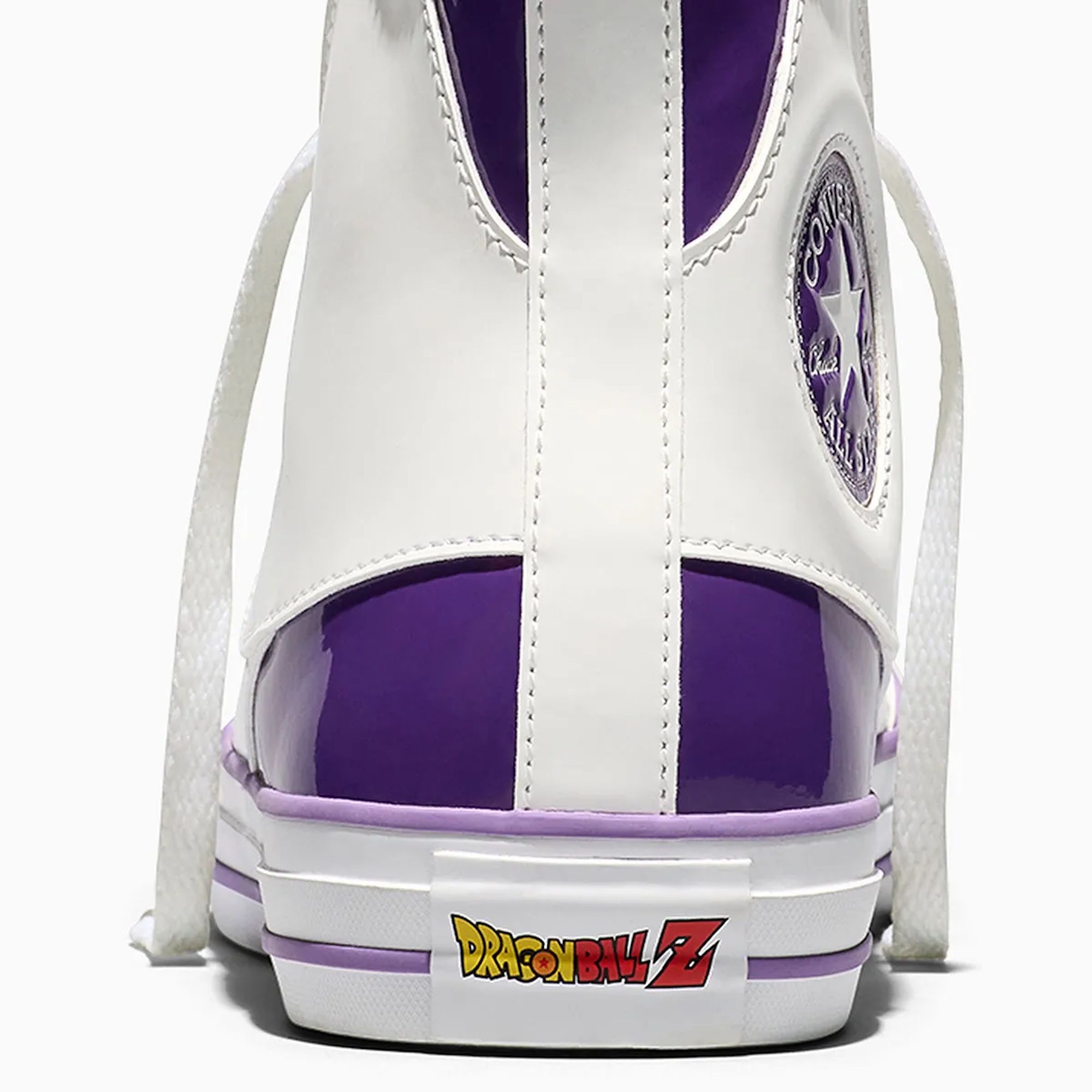 White and purple high-top sneakers with the Dragon Ball Z logo on the side.
