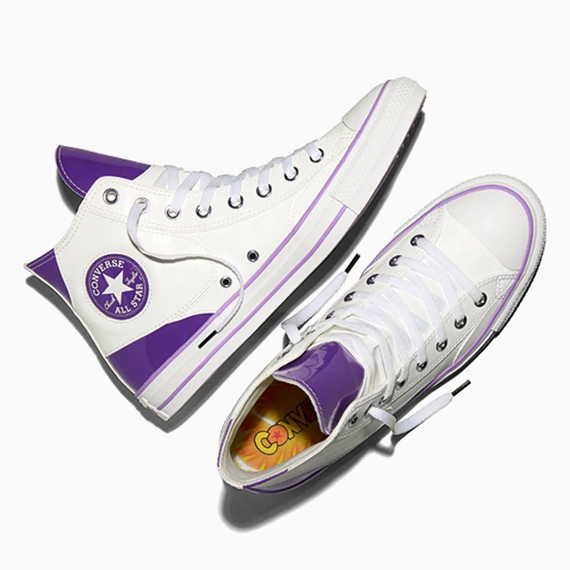 White and purple Converse All Star sneakers with Converse logo