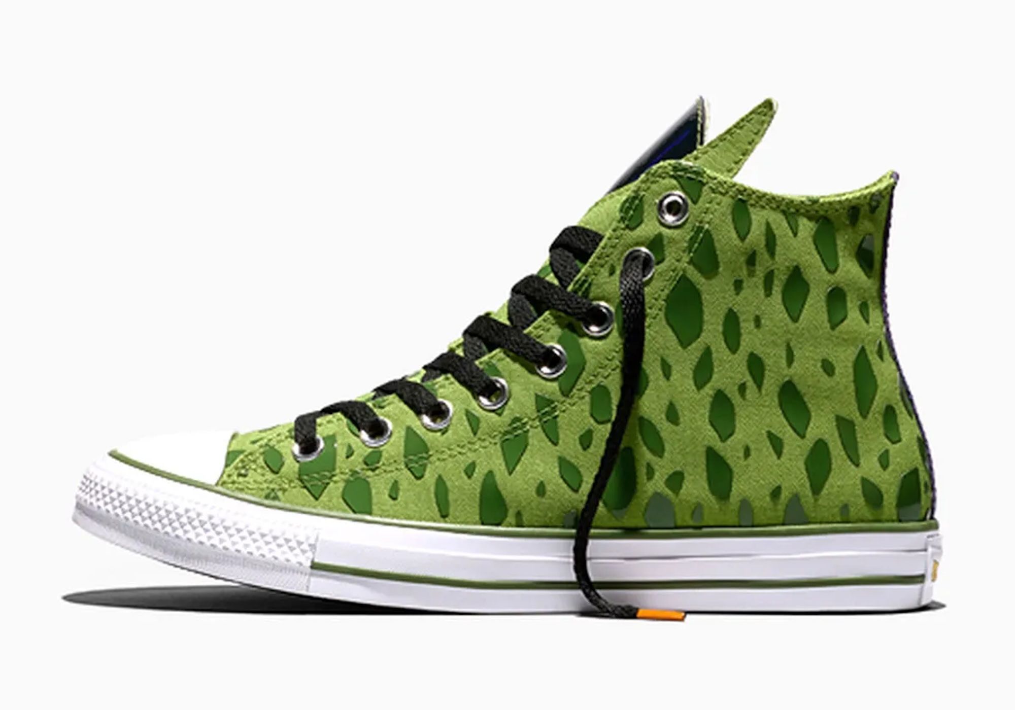 Green and black patterned high-top sneaker with white sole and laces.