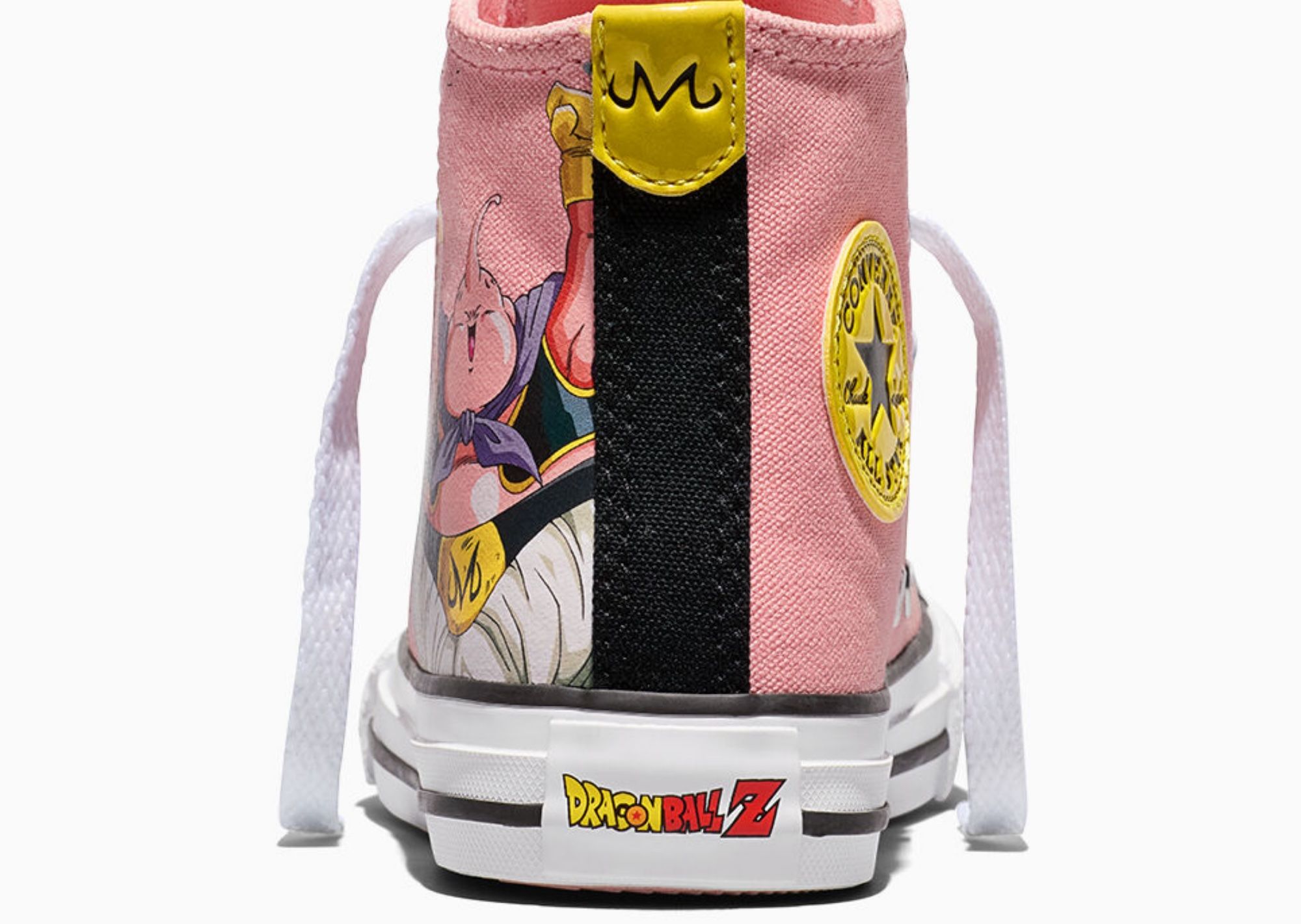 Pink and yellow sneakers with Dragonball Z graphics and a crown logo.