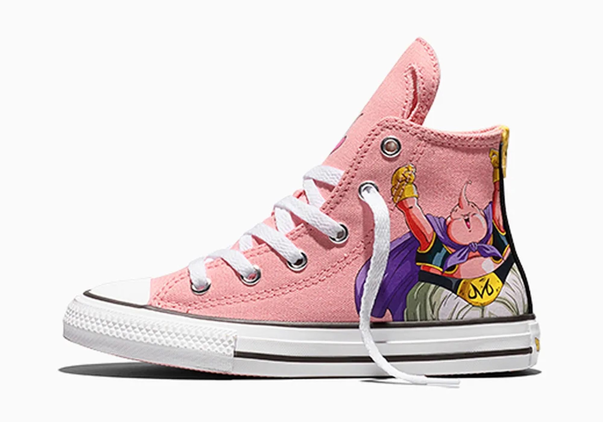 A pink high-top sneaker with a cartoon character design featuring a man with a purple outfit and yellow hat.