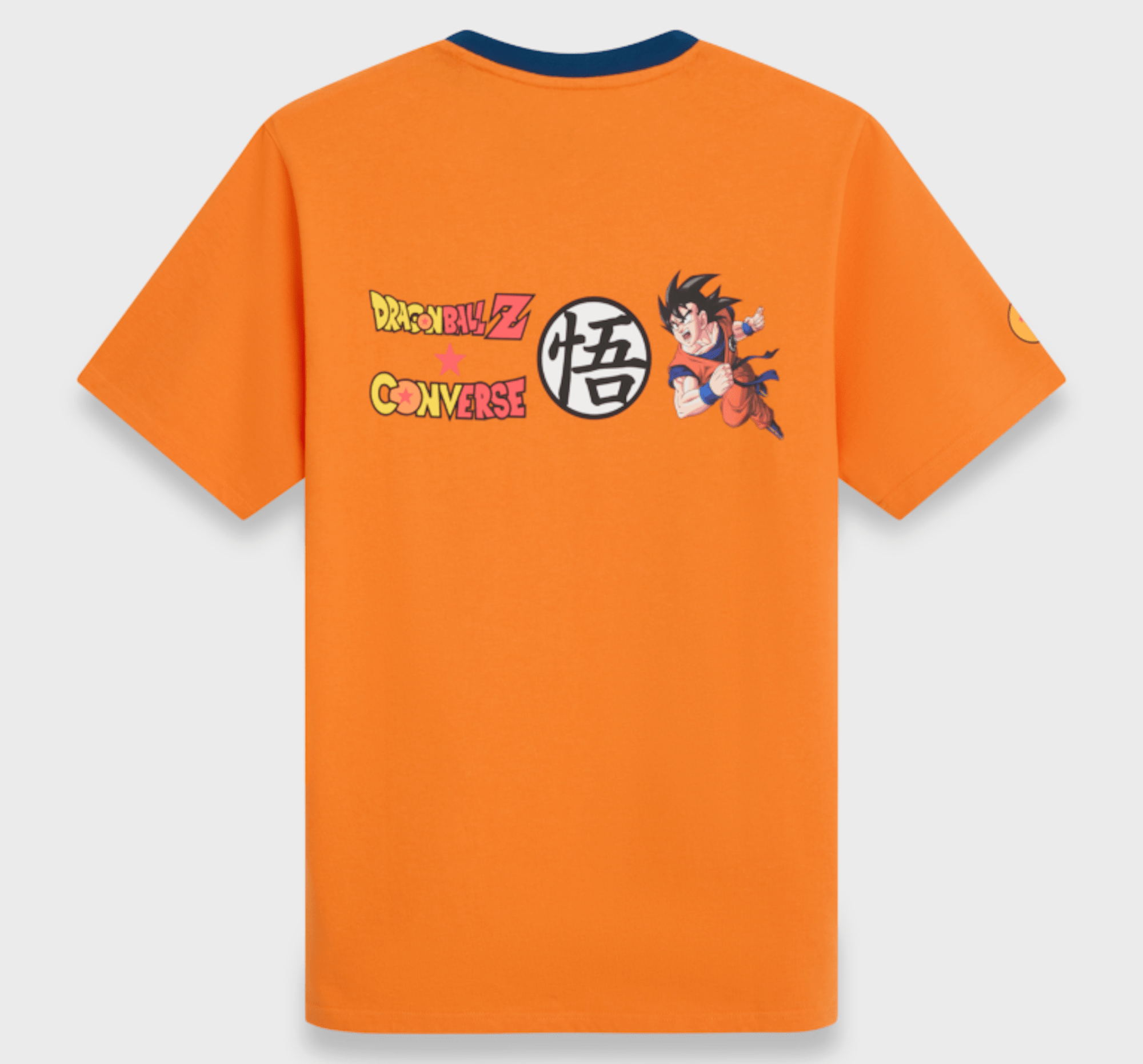Orange t-shirt with Dragon Ball Z, Converse, and Japanese text graphics