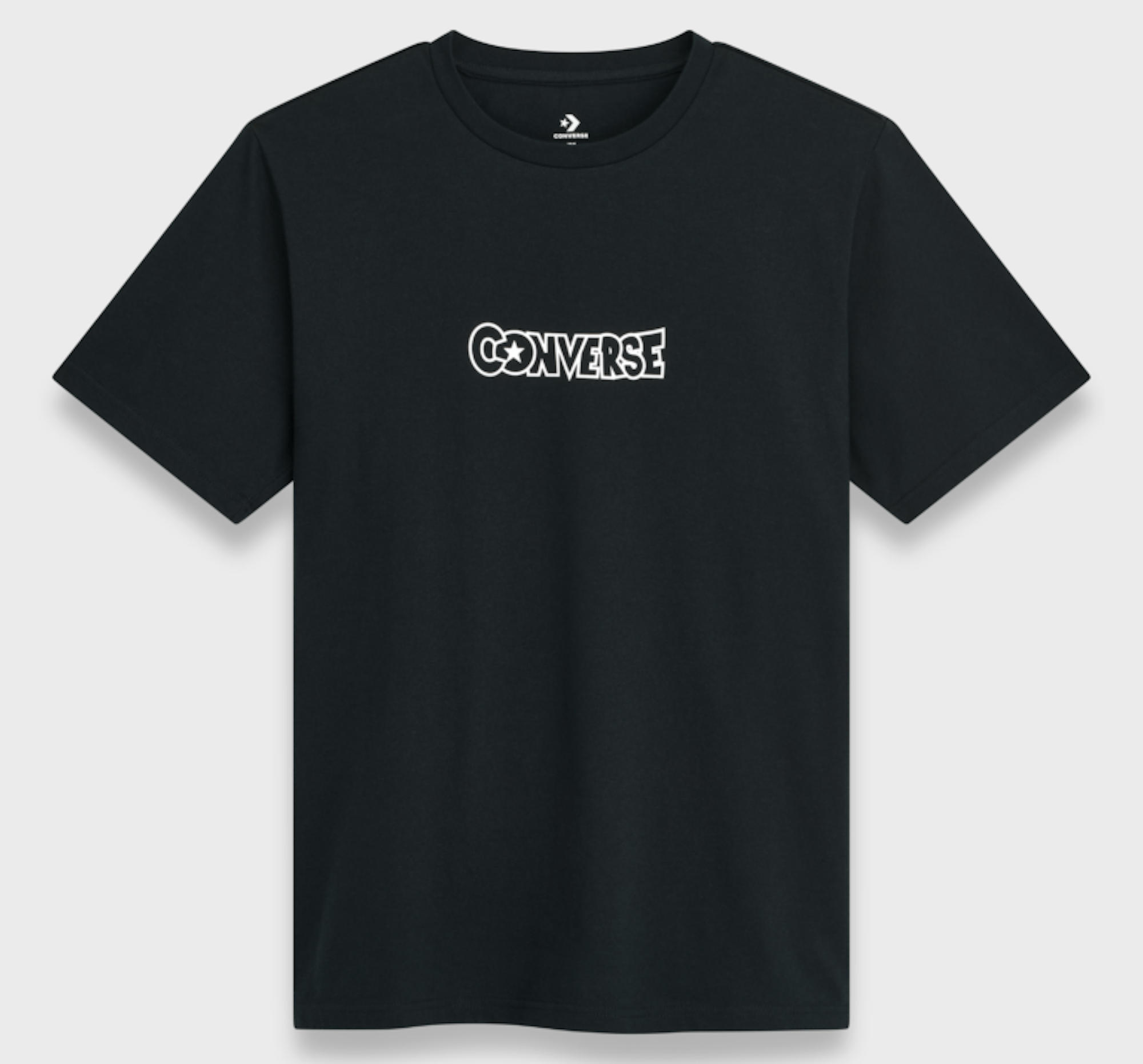 Black t-shirt with white "CONVERSE" text.