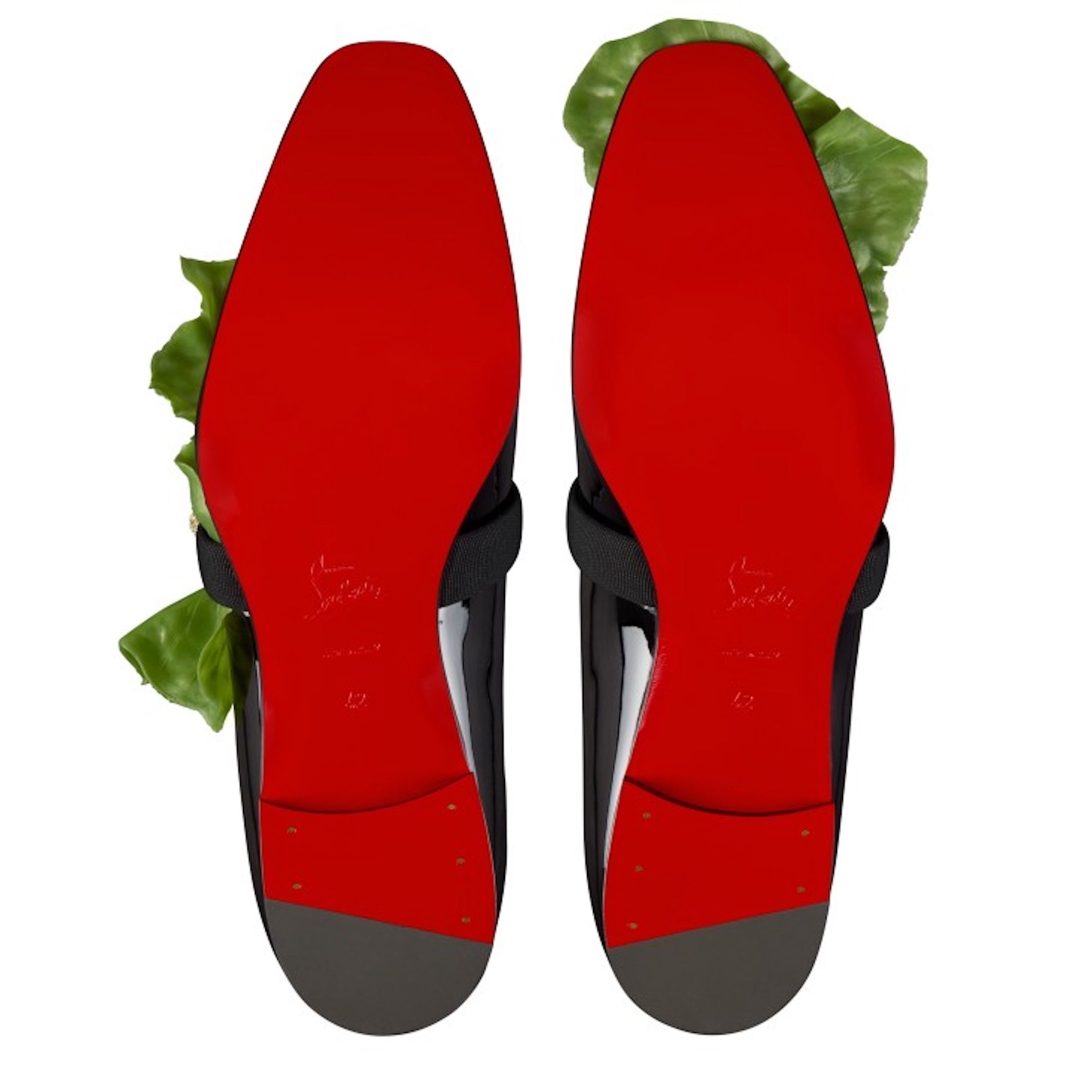 Red leather shoes with green leaf accents