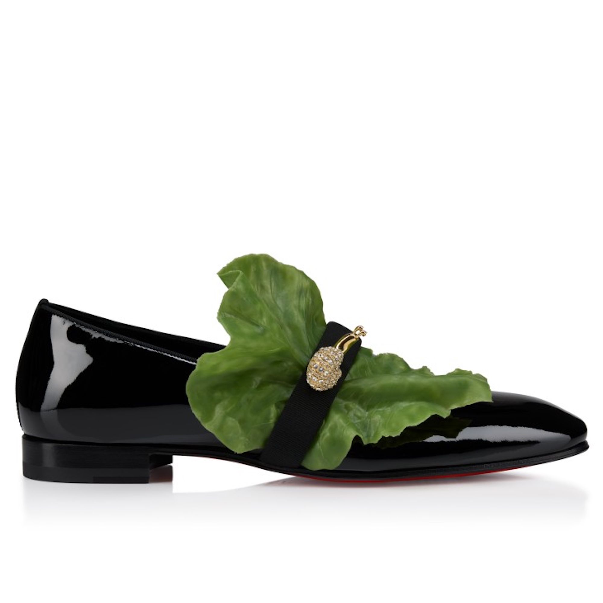 Black patent leather loafer with green leaf and rhinestone embellishment