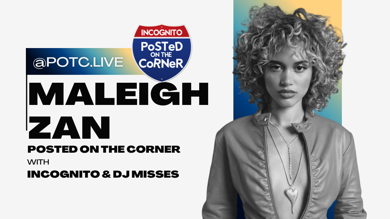 A person with curly hair wearing a silver jacket, standing in front of a sign that says "MALEIGH ZAN POSTED ON THE CORNER with INCOGNITO & DJ MISSES".