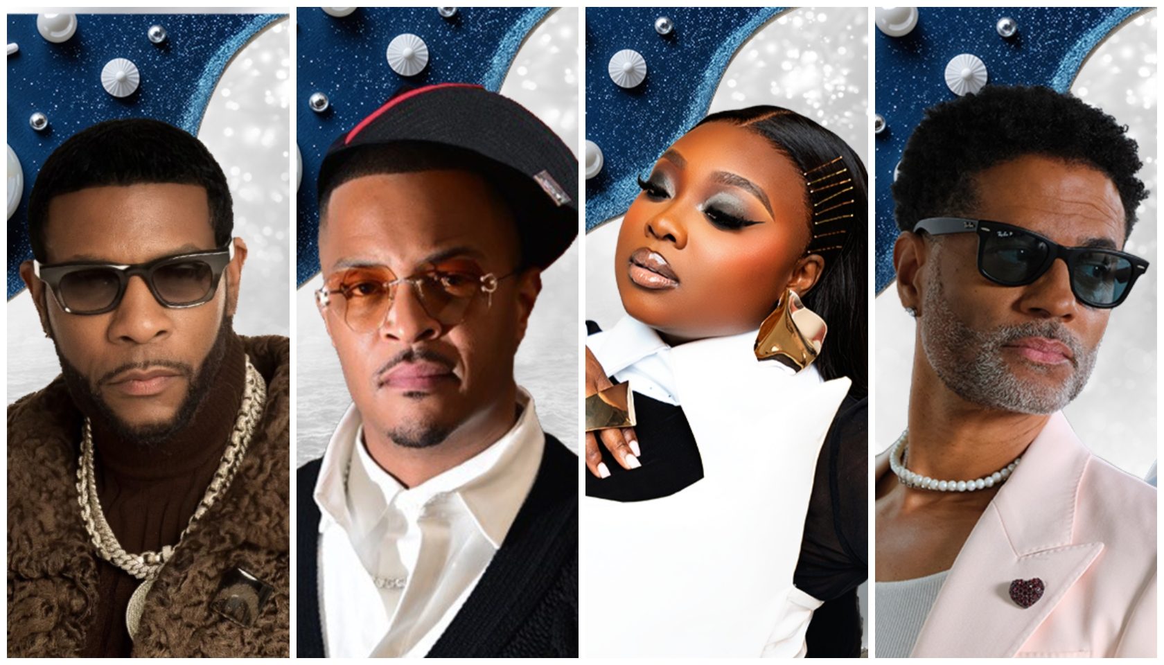 Four portraits of Black musicians and entertainers wearing stylish outfits and accessories against a snowy, starry night backdrop.