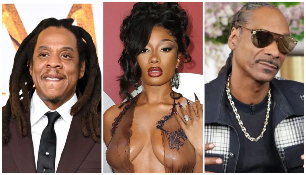 Three celebrity portraits: a man with dreadlocks wearing a suit, a woman with curly hair in a revealing dress, and an older man wearing sunglasses and a chain necklace.