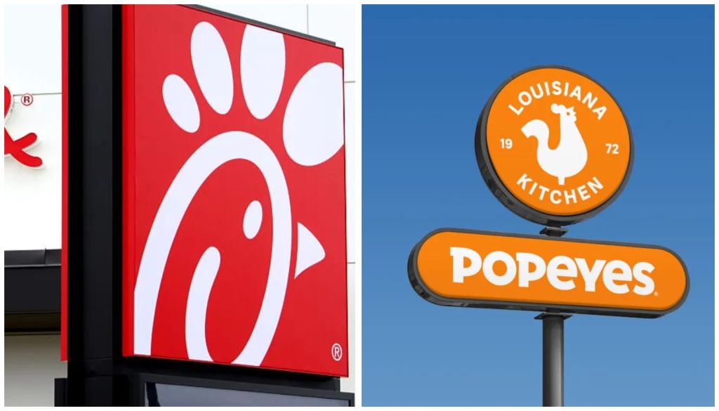 Two images: a large red Popeyes logo and a Popeyes Louisiana Kitchen sign with the company's rooster logo.