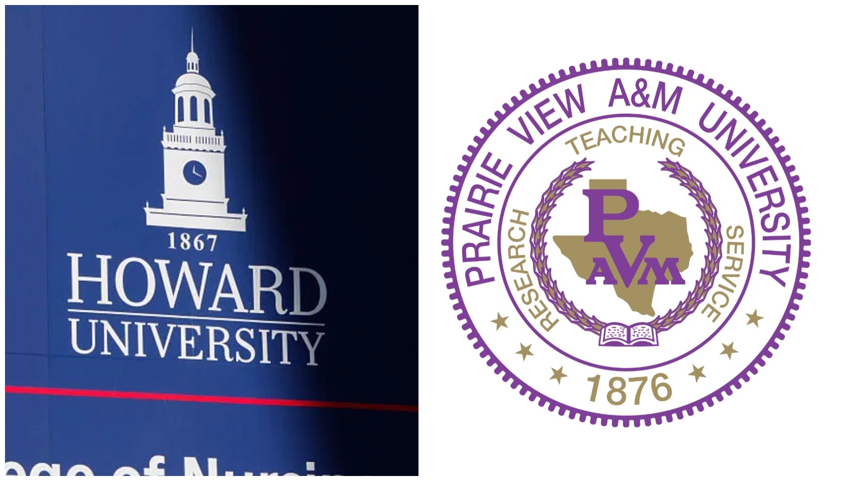 Howard University campus clock tower and the Prairie View A&M University seal.