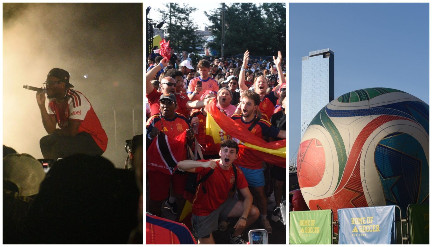 A collage of three images: a performer on stage, a crowd of people waving Spanish flags, and a large soccer ball-shaped structure.
