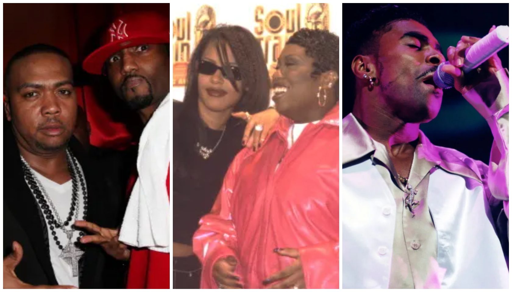 Four music artists performing on stage, including a man in a red hat, a woman in a pink outfit, and two men singing into microphones.