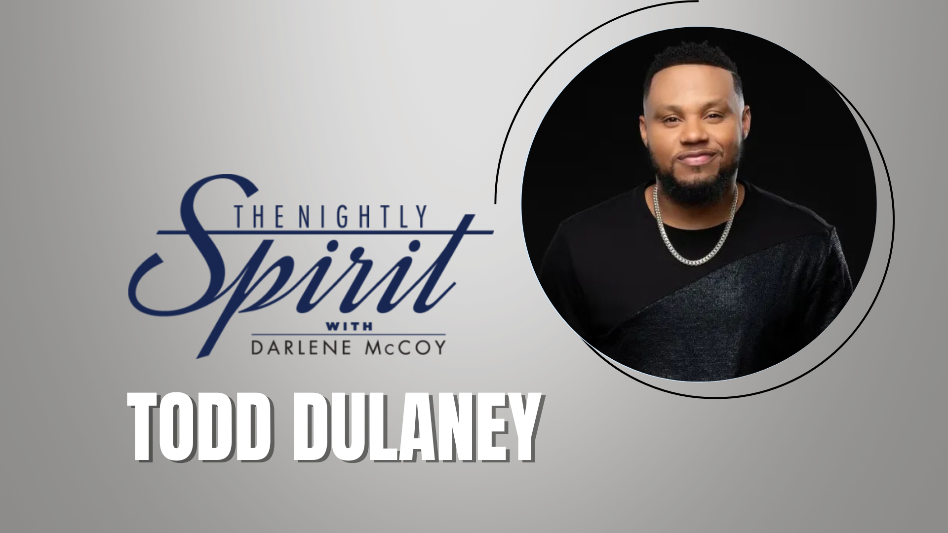 A smiling man with a beard wearing a black shirt and necklace, with text "The Nightly Spirit with Darlene McCoy" and "TODD DULANEY".