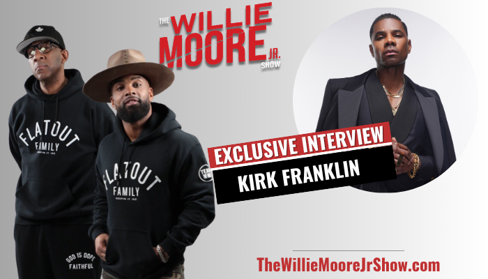 Two men wearing "Flatout Family" hoodies, one wearing a cowboy hat, on a TV show set with "The Willie Moore Jr. Show" branding and an exclusive interview with Kirk Franklin.