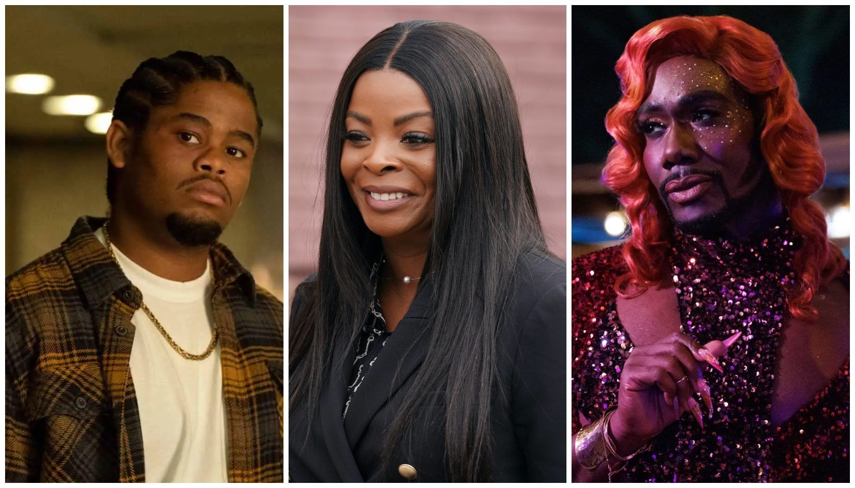 Three portraits of Black individuals: a man with a beard wearing a plaid jacket, a woman with long straight black hair smiling, and a person with curly red hair wearing a sparkly purple outfit.