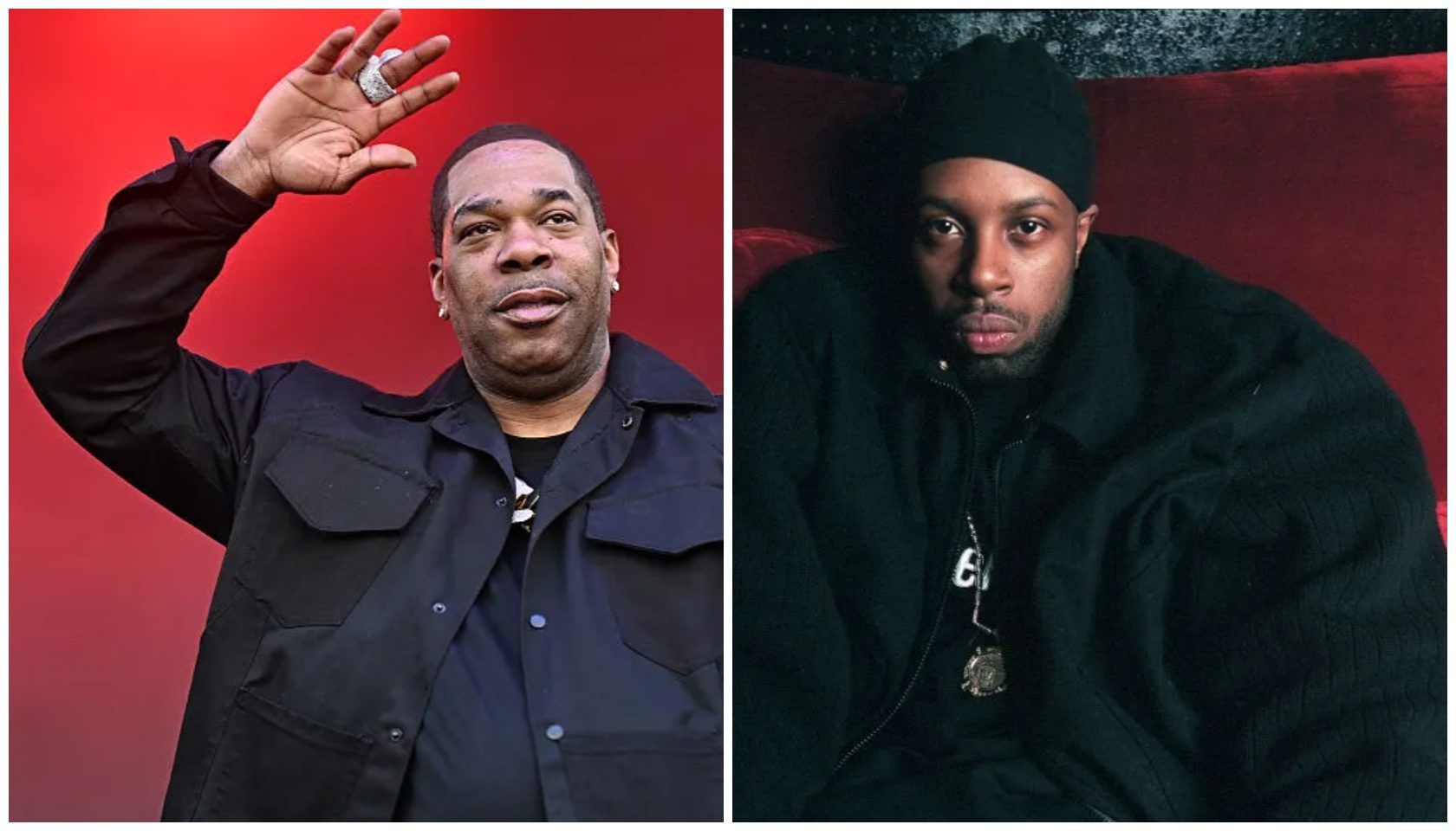 Two portraits of Black men, one wearing a black coat and gesturing with his hand, the other wearing a black hooded jacket and looking directly at the camera.