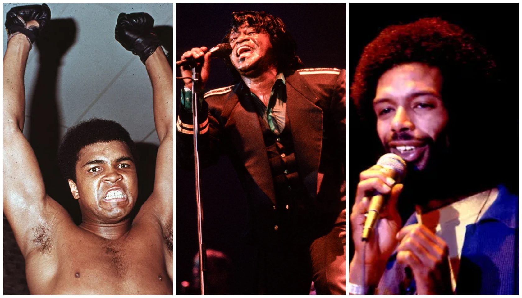 Three images of a Black man: one with fists raised in protest, one performing on stage, and one singing into a microphone.