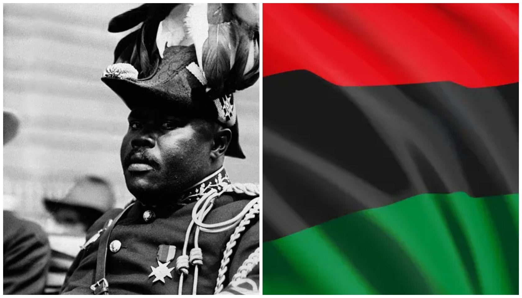 A Black man in military uniform with feathered headpiece, against a red and green flag background.