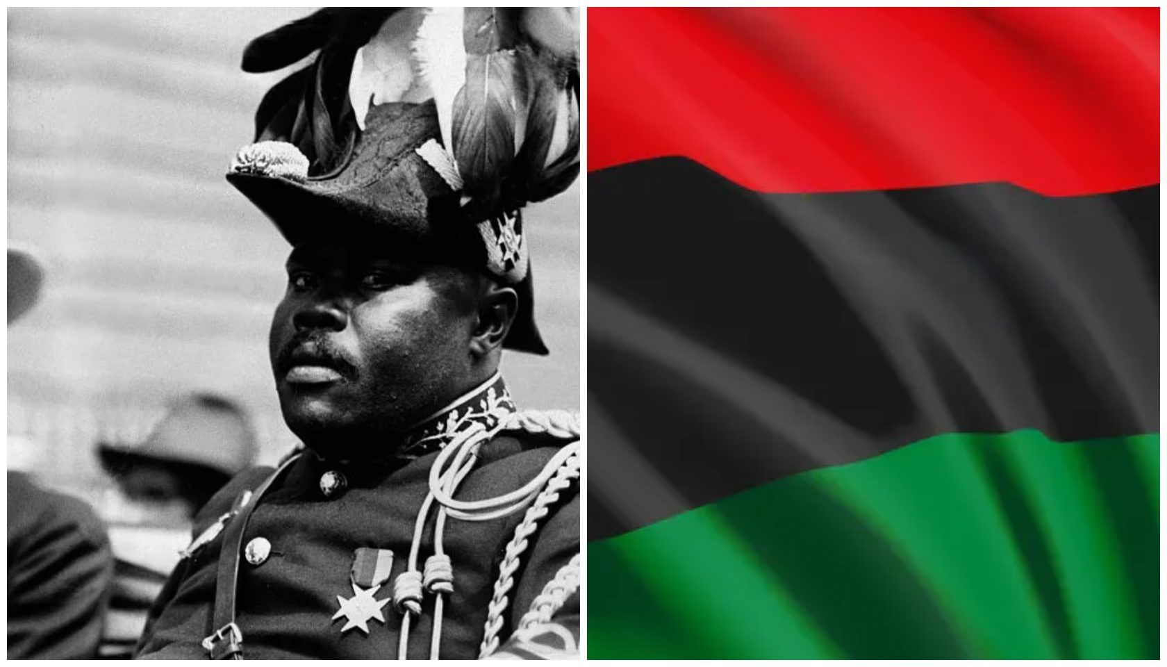 A Black man in military uniform with feathered headpiece, against a red and green flag background.
