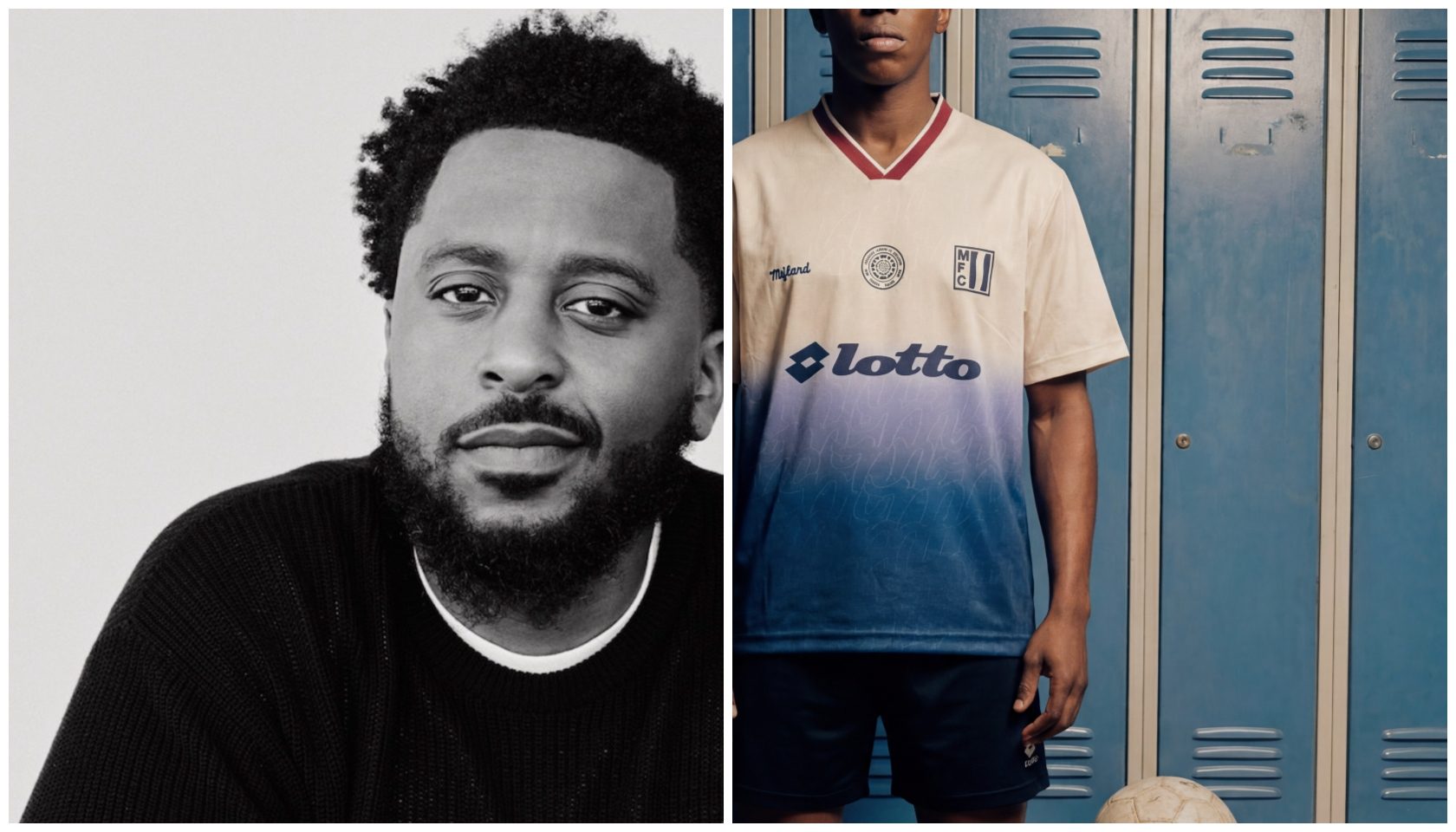 A Black man with a beard wearing a beige and blue soccer jersey stands in front of lockers. The jersey has the text "Lotto" printed on it.