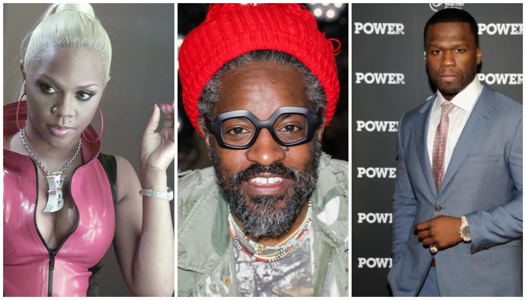 Collage of three individuals: a woman with blonde hair wearing a pink jacket, a man with a beard wearing a red hat and glasses, and a man in a suit standing in front of a "POWER" backdrop.