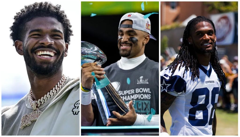 Three smiling Black men: one wearing a necklace, one holding a Super Bowl trophy, and one wearing a Dallas Cowboys jersey with the number 80.